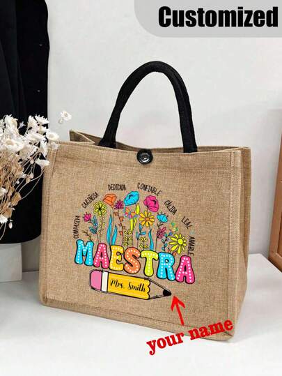 Bolso de hombro personalizado de estilo tote para maestros con nombre personalizado. Bolso plegable y ligero para educadores, bolso femenino, portátil, multifuncional, versátil, de gran capacidad, ligero, funcional, práctico, multiusos, colorido, lindo, adorable, estilo Kawaii, Y2K, vibraciones de vacaciones/vacaciones, ocio, ir y venir, casual de negocios, personalizado, único, personalizado, bolsa de viaje, bolso tote grande, para novia, novio, familia, amigos, para exteriores/salidas/viajes/senderismo/estadio/deportes/escalada, para negocios/ir y venir/trabajo/oficina, vacaciones