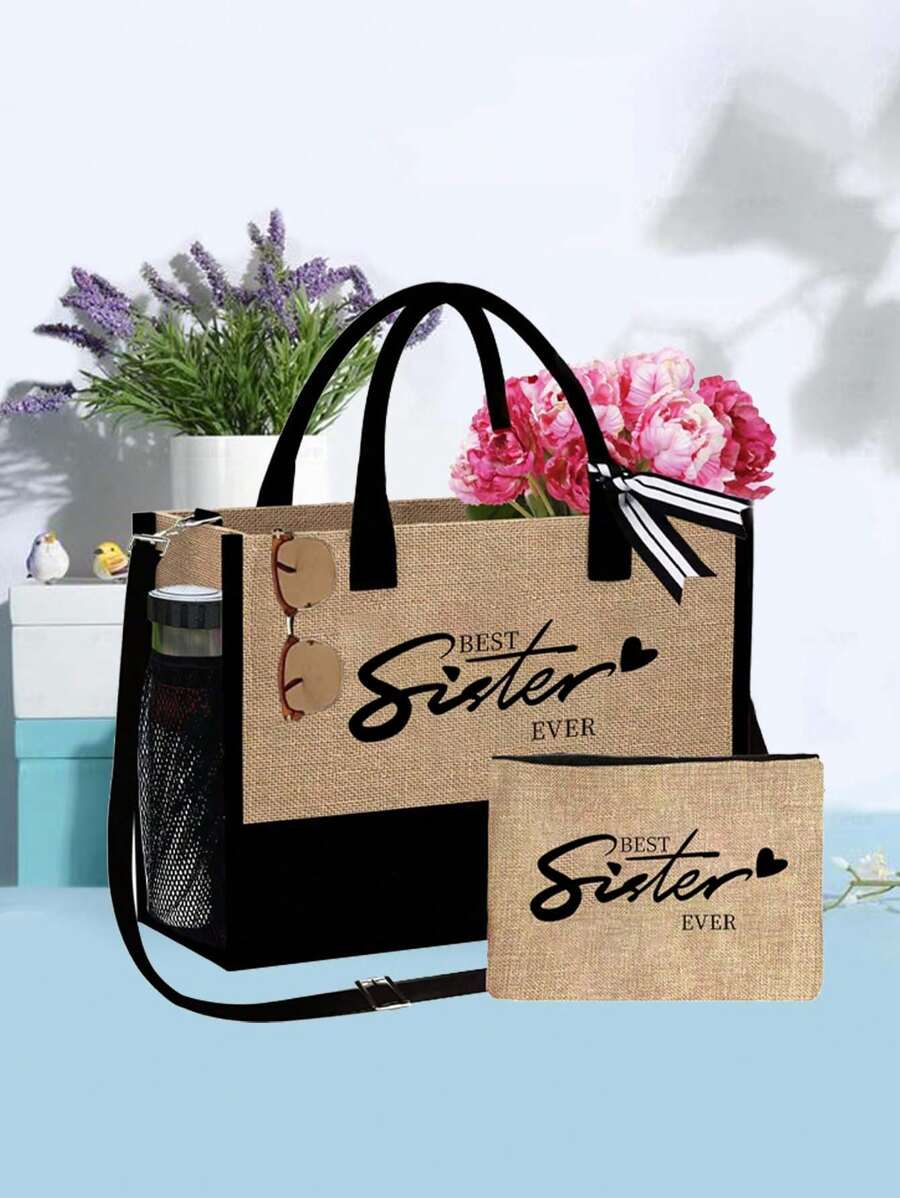 1 Set "BEST SISTER EVER" Pattern Black & Khaki Tote Bag With Khaki Cosmetic Bag, Large Capacity Dual-Color Tote Bag, Gift For Sister's Birthday - Khaki - View 1