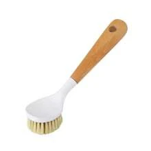 Steel Wool Household Long-Handled Dishwashing Pot Non-Stick Oil Wooden Handle Pot Brush Kitchen Multi-Function Cleaning Brush Sponges, Kitchen Dish Brush Bamboo Handle Dish Scrubber Built-In Scraper, Scrub Brush For Pans, Pots, Kitchen Sink Cleaning, Dishwashing And Cleaning Brushes Are Perfect Cleaning Tools, White