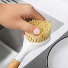 Steel Wool Household Long-Handled Dishwashing Pot Non-Stick Oil Wooden Handle Pot Brush Kitchen Multi-Function Cleaning Brush Sponges, Kitchen Dish Brush Bamboo Handle Dish Scrubber Built-In Scraper, Scrub Brush For Pans, Pots, Kitchen Sink Cleaning, Dishwashing And Cleaning Brushes Are Perfect Cleaning Tools, White