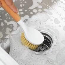 Steel Wool Household Long-Handled Dishwashing Pot Non-Stick Oil Wooden Handle Pot Brush Kitchen Multi-Function Cleaning Brush Sponges, Kitchen Dish Brush Bamboo Handle Dish Scrubber Built-In Scraper, Scrub Brush For Pans, Pots, Kitchen Sink Cleaning, Dishwashing And Cleaning Brushes Are Perfect Cleaning Tools, White