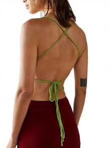 Chaleco de mujer, top de verano sin mangas con cuello halter y espalda descubierta con cordones para discoteca, fiesta o playa. - Verde - Ver 4