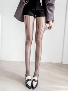1 件女士高端提花图案连裤袜，优雅垂直条纹透明紧身裤，时尚舒适，适合休闲穿着，灰色