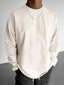 Men's Casual Solid Color Long Sleeve T-Shirt, Versatile For Spring & Autumn - 米色 - 查看 1