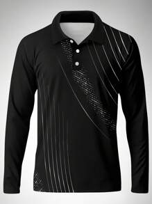男士休闲印花长袖 Polo 衫，秋季 - 黑色 - 查看 2