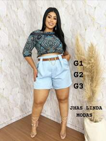 Plus Size Shorts Tailored With Elegant Belt High Waist - Baby Blue - View 1