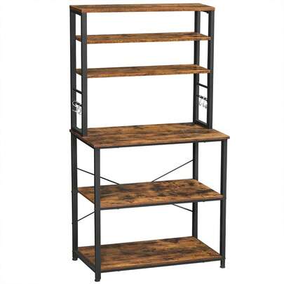 VASAGLE Baker's Rack, Microwave Oven Stand, Kitchen Tall Utility Storage Shelf, 6 Hooks And Metal Frame, Industrial, 15.7 X 31.5 X 65.7 Inches