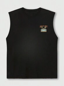 Coastal | 男士轻薄夏季度假棕榈树字母印花圆领休闲背心，复古美式风格，夏季穿搭，适合日常穿着，宽松版型，夏季度假装扮 - 黑色 - 查看 6