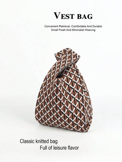 1 件条纹拼布钩针轻便可折叠手提包，开放式顶部休闲手提包，适合女士携带手机、化妆品、口红、香水、书籍、iPad、衣服，适合送礼、日常、度假、上学、通勤、购物、拍照、所有季节