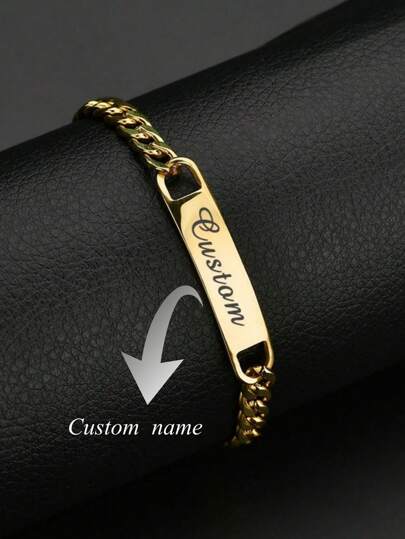 Personalized Stainless Steel Engraved Name ID Pattern Bracelet Ladies Bracelet Gift Plated Suitable For Daily Holiday Party Wear Best Gift For Friends Gold Stylish, Fall Fashion, Vintage, Unisex, Simple, Casual, Hipster, Goth, Punk Custom, Personalized, Unique Ideal Gifts For Her Her, Friends, Pets, Grandparents For Valentine's Day, Utilitarian Chic, Delicate Romance, Look Glamour,Enchanted Romance Gown