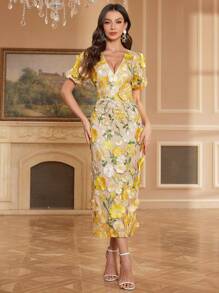 Women's Floral Embroidery Maxi Dress Wedding Guest Dress Evening Party Dress - Màu vàng - Xem 4