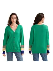 Women's Striped Cardigan V Neck Long Sleeve Button Down Knit Tops For Fall Streetwear - Green - View 2