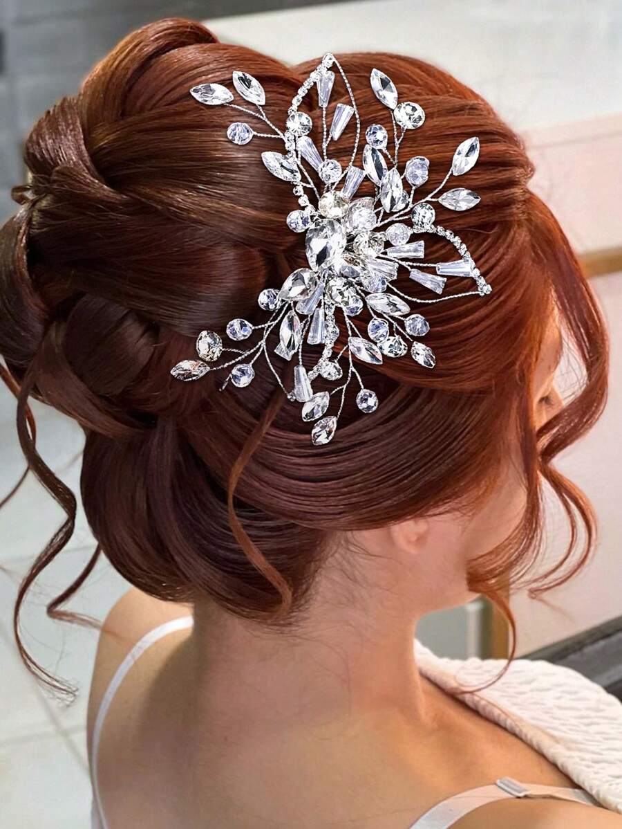 1pc Elegant Rhinestone Leaf Design Hair Clip, Delicate Hollow Flower Crystal Hair Accessory For Women, Suitable For Wedding, Party, Formal Event