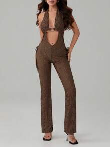 Floral Lace Jumpsuit Women Bodycon Sleeveless See Through Romper Pants Fitted One Piece Cut Out Party Outfits - Cà phê nâu - Xem 4