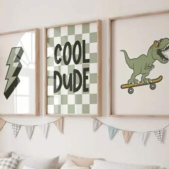 3PCS Animals Skateboard Tyrannosaurus Rex Decoration Posters, Green And White With Cartoon Animals Decoration Wall Arts, Children's Room Bedroom Decoration Painting Optional Frame