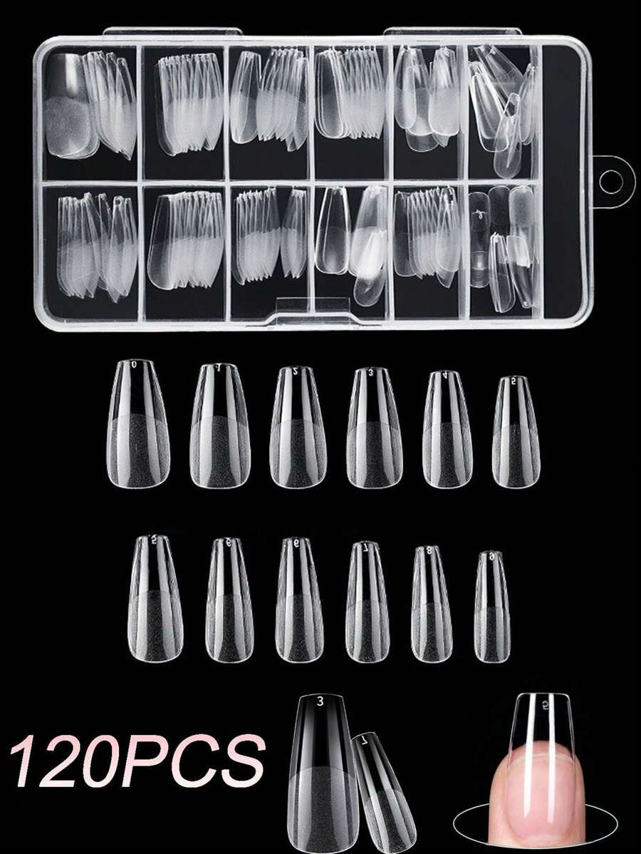 120pcs/Box 12 Sizes Ballet Acrylic Nails, Half Matte Semi-Transparent False Nails For DIY, Suitable For Home And Salon Ladies Nail Care Essential Nail Supplies (120pcs Box/120pcs Bag/96pcs Bag/72pcs Bag/24pcs Bag) - Clear - View 1