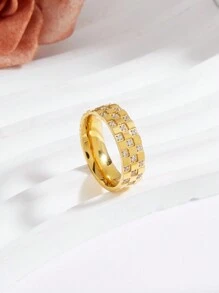 1 chiếc nhẫn mạ vàng 18K bằng thép không gỉ, đính đá Cubic Zirconia CNC, trang sức nữ, quà tặng đám cưới, hẹn hò. - Vàng - Xem 2