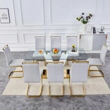 Table And Chair Set.Subtle Luxury Clear Tempered Glass Dining Set - 71"X35.4" With 8 Light Gray PU Chairs.C-Tube Gold Metal Chair Legs.Bring A Comfortable Home Experience To The Kitchen Bedroom.