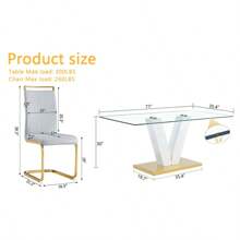 Table And Chair Set.Subtle Luxury Clear Tempered Glass Dining Set - 71"X35.4" With 8 Light Gray PU Chairs.C-Tube Gold Metal Chair Legs.Bring A Comfortable Home Experience To The Kitchen Bedroom.