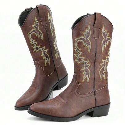 Cowboy Western Boots For Men Pull Up Non-Slip Vintage Ankle Boots And Square Toe Classic Embroidered Boots With Baggy Jeans Men