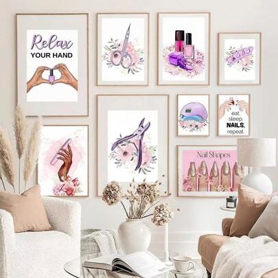 1pc Wall Arts Posters Modern Nail Polish Nail Salon Flower Wall Art Canvas Painting Nordic Poster Printing Girls' Bedroom Decoration Picture, Optional Frame ,Wall Art With Frame