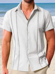 Camisa casual de vacaciones de manga corta de unicolor para hombre