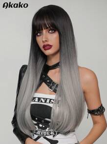 AKAKO 长直渐变灰色假发带刘海黑灰色假发女士时尚丝滑柔软顺滑头发耐热纤维合成全假发适合日常派对使用 28 英寸 - 漸變灰色 - 查看 4