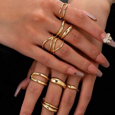 7pcs Gold Metal Thick Ring Set, Minimalist Criss-Cross Rings, Women Stackable Simple Finger Rings Jewelry