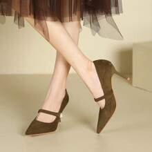 Pearl High Heels Solid Color Suede Pointed Stiletto High Heels Single Shoes - 棕色 - 查看 1