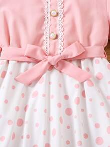 Girls Fashionable Polka Dot & Digital Print Colorblock Ruffle Trim Short Sleeve Dress - Pink - View 4