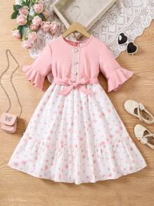 Girls Fashionable Polka Dot & Digital Print Colorblock Ruffle Trim Short Sleeve Dress - Pink - View 1
