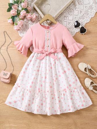 Girls Fashionable Polka Dot & Digital Print Colorblock Ruffle Trim Short Sleeve Dress