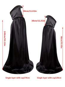 1 pieza Capa negra con capucha para adultos en Halloween, capa de disfraz de una sola capa para bruja, vampiro, demonio, adecuada para varios festivales, fiestas, actuaciones, decoraciones, tela de satén, longitud total 1,7 metros Capa negra