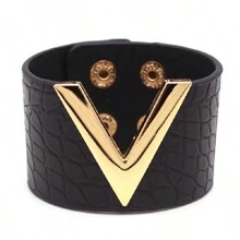 Black Wide V-Shaped PU Leather Bracelet, Punk Style Metal Wristband, Cosplay - Black - View 1