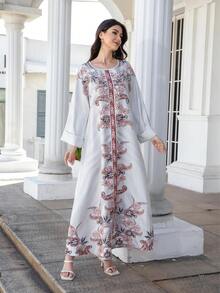 Women's Rhinestone Glitter Floral Print Round Neck Dress, Stretchy Thick Comfortable Fabric, Elegant Arabic Style Jalabiya