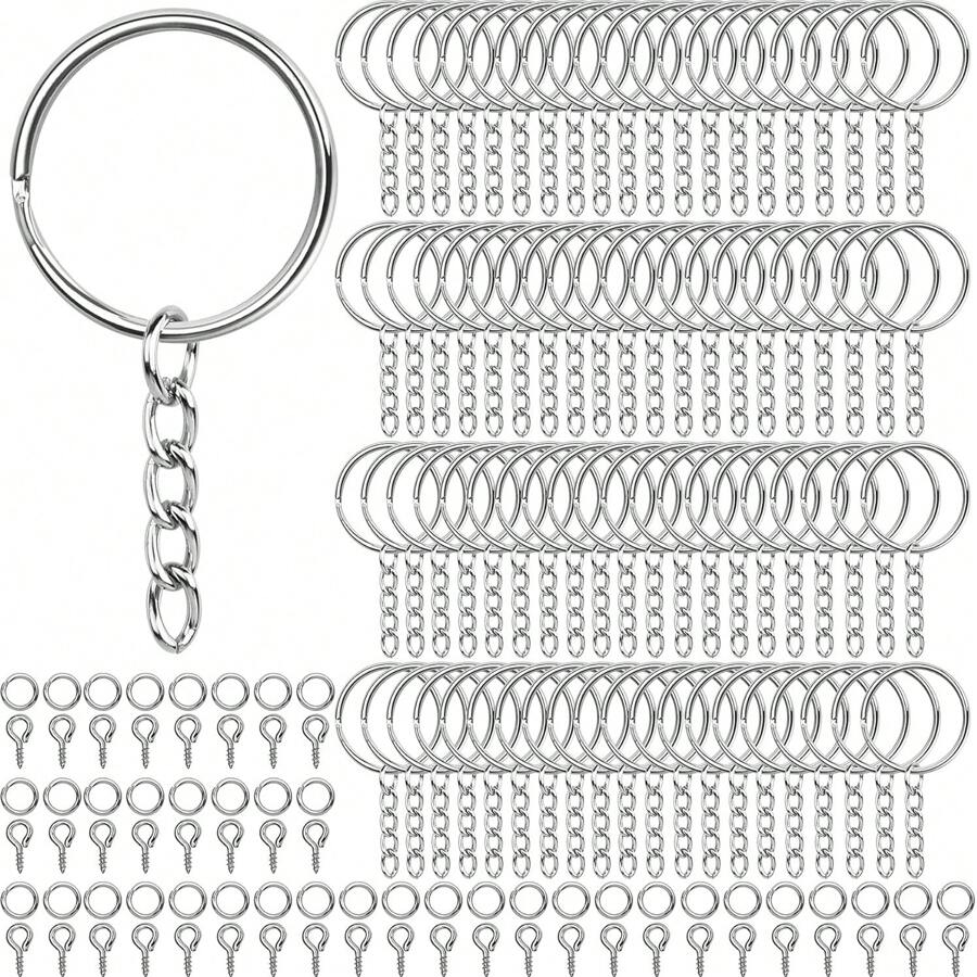 300pcs Key Rings, 100pcs 25mm Keychain With Chains, 100pcs Split Rings, 100pcs Screw Eye Pins, Suitable For Resin, Crafts And Keychain Making, Car Accessories, Bag Charms, Campus Goth Y2K Style - Silver - View 1