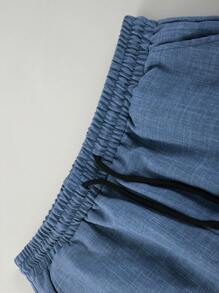 男士秋季薄款两件套，撞色滚边单排扣衬衫，翻领，双口袋，长袖，纯色抽绳长裤，休闲正装 - 寶藍色 - 查看 8