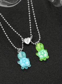 2pcs Luminous Turtle & Heart Pendant Necklace Set, Couple/Friendship Jewelry Gift, Fashionable Accessory Valentines