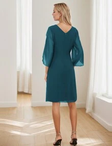 hoteel Elegant Chiffon Straight Dress Crew Neck Flutter Split Sleeve Party Wedding Cocktail Midi Dress, Woman's Clothing - Màu xanh Cadet - Xem 2