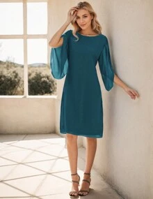 hoteel Elegant Chiffon Straight Dress Crew Neck Flutter Split Sleeve Party Wedding Cocktail Midi Dress, Woman's Clothing - Màu xanh Cadet - Xem 3