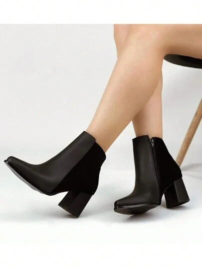 Botas con plataforma para mujer botines dama moda para invierno liso negro sólido 23mx-26mx elegante urbano ecopiel tela punta aguda