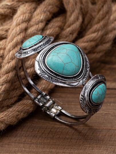 1 Stück Vintage Western Stil florales geometrisches türkisfarbenes übertriebenes Metall-Federbandarmband, modischer Schmuck für Frauen