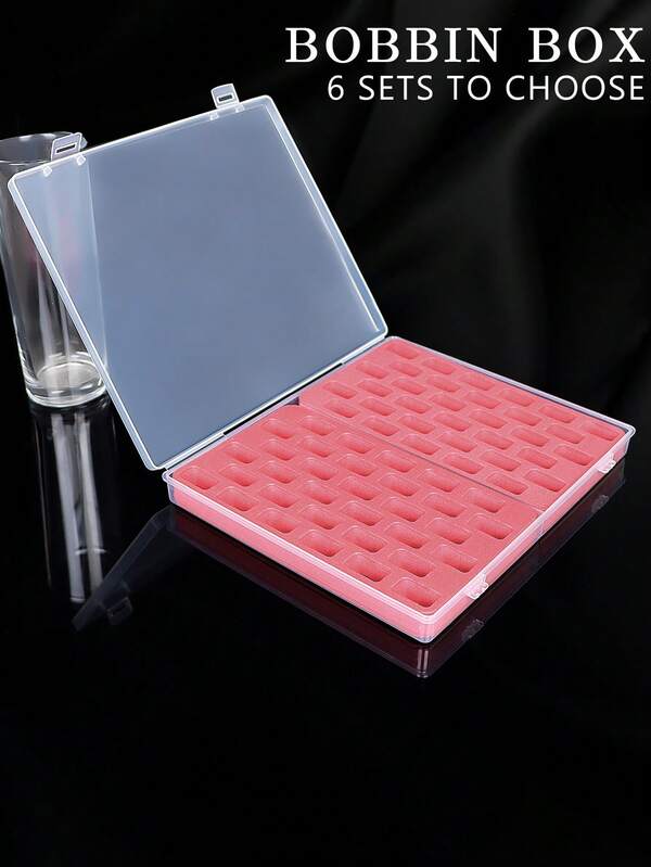 1pc Transparent Box With Red Sponge Card Pad Bobbin Case Or Box And Bobbin Set, Multi-Functional Sewing Machine Bobbin Holder, Sewing Accessories, Available In Empty Box, Plastic Bobbin, And Metal Bobbin 3 Styles, 33-Slot And 66-Slot 2 Sizes