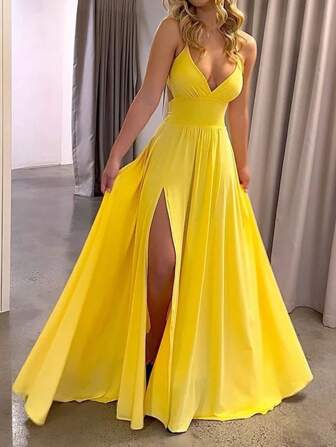 女士纯色细肩带高开衩休闲连衣裙，简约时尚，适合日常穿着、派对礼服、婚礼宾客鸡尾酒会礼服