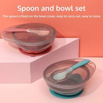 Silicone + PP Suction Bowl With Lid + Spoon Set | Silicone | | Suitable For Microwave, Dishwasher, Refrigerator (Blue And Red)