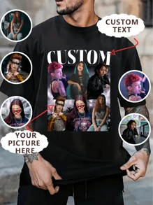 Camiseta informal de cuello redondo personalizada para hombres - Agrega tus propias imágenes (Foto familiar/Selfie/Foto de mascota/Foto de amigo/Foto de pareja/Foto de novia/Regalos/Logo para parejas/Camiseta personalizable para esposo o novio o novia) y tu texto para diseñar tu camiseta impresa personalizada. Estilosa, hippie, de moda, sobria, fácil de usar como disfraz, moda modesta, minimalista chic, casual personalizada, hallazgos únicos, disfraces de hombre, armario cápsula, ropa deportiva para hombres, estilo básico/urbano. Regalos ideales para él, novio, familia, amigos, niños para cumpleaños, vacaciones/días festivos.