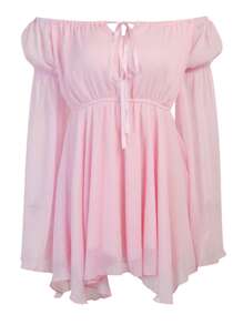Womens Casual Long Sleeve Dress Fashion Solid Color Mesh Yarn Boat Neck Loose Short Dress - Pink - View 6