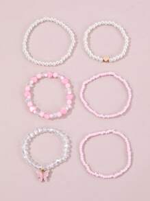 6 قطع أساور خرز البيرل المزيفة بشكل فراشة وقلب للبنات