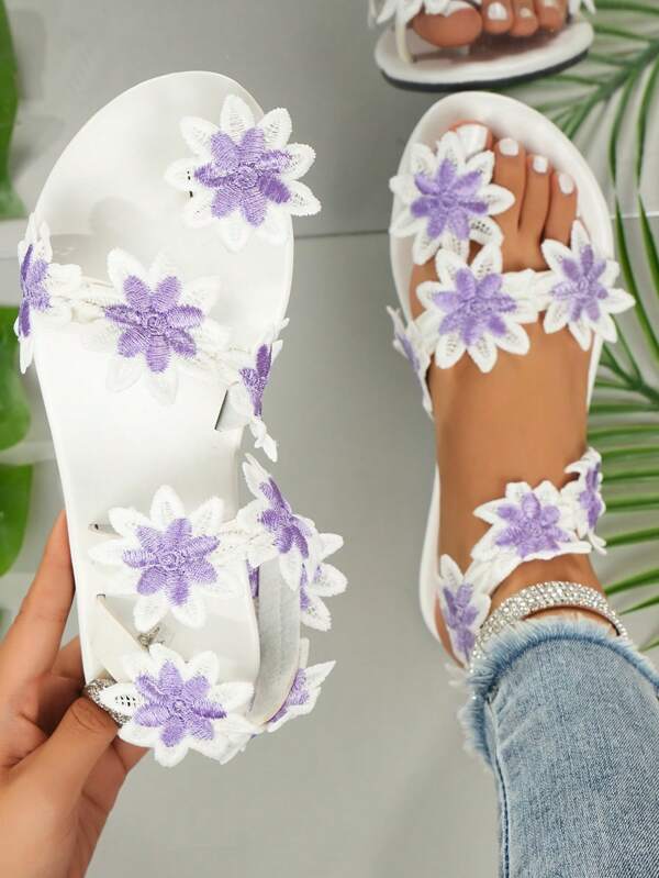 Damen Farbblock bestickter Blumen Slip-On runde Zehenkappe Lässig Flache Mules