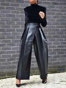 GLOURI PU Leather Baggy Pants With Pocket For Women, Pleated, Casual And Chic Style, Fall Winter 2026, Prefect For Work And Weekend Casual - màu đen - Xem 2